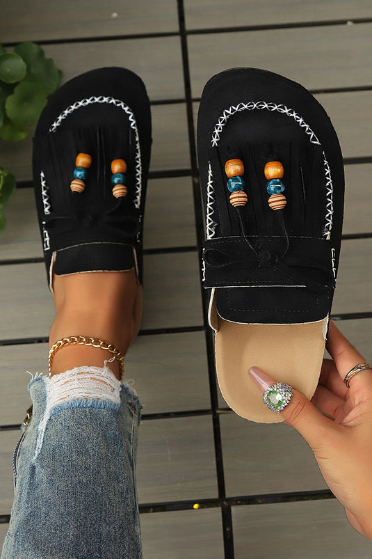 DLLSHOE 170 - Black Boho Fringed Suede Slip-on Loafers Square Toe Casual Slippers