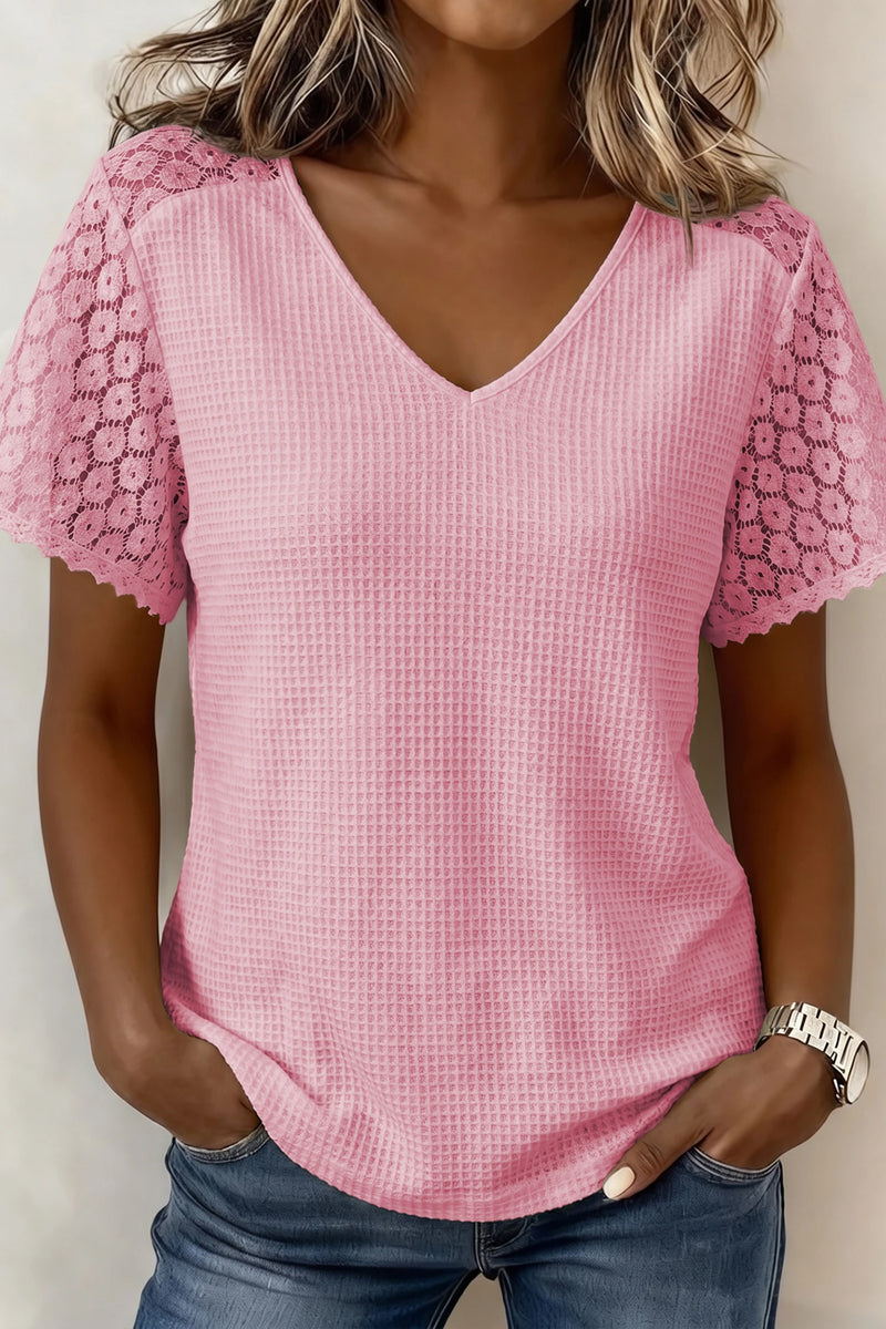 Load image into Gallery viewer, DLLS709 - Ladies Pink Lace Splicing Button Cutout V Neck Waffle Knit Blouse
