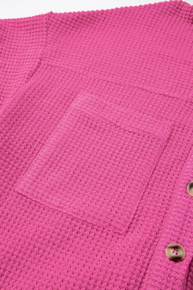 Load image into Gallery viewer, DLLS545 - Ladies Bright Pink Waffle Textured Knit Button Down Short Sleeve Shacket
