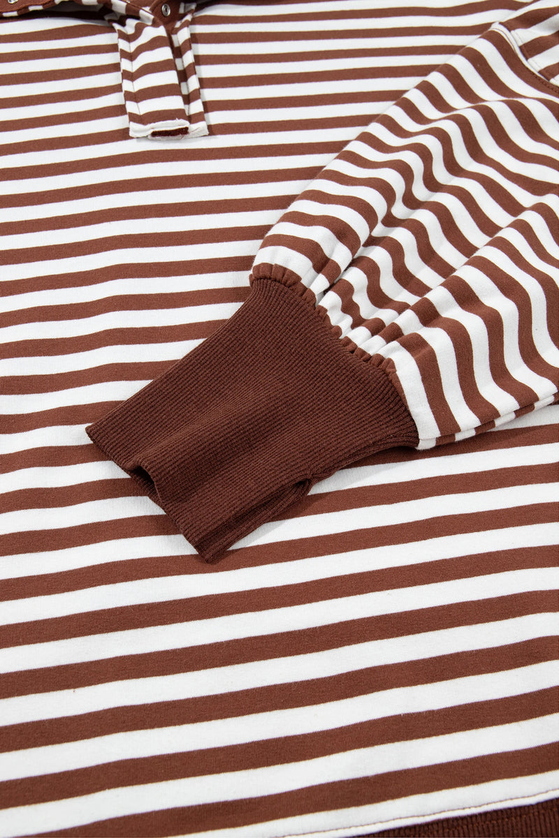 Load image into Gallery viewer, DLLS1087 - Ladies Brown Stripe Color Block Trim Raw Seam Split Hem Loose Pullover Sweatshirt

