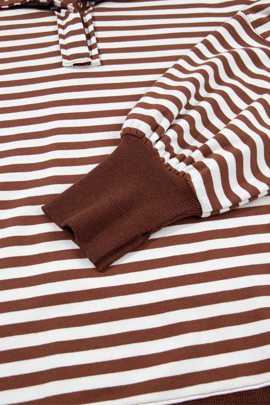 DLLS1087 - Ladies Brown Stripe Color Block Trim Raw Seam Split Hem Loose Pullover Sweatshirt