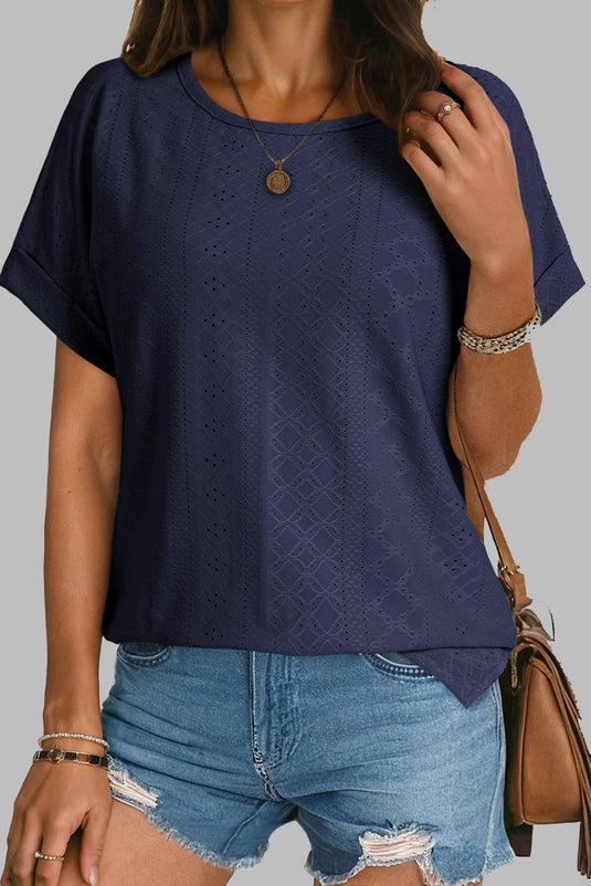 DLLS441 - Ladies Navy Blue Solid Color Eyelet Jacquard Cuffed Short Sleeve Top