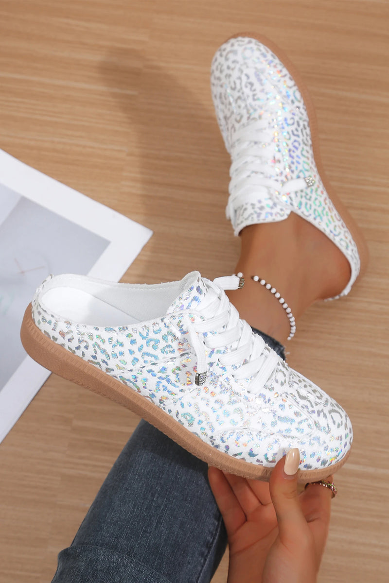 Load image into Gallery viewer, DLLSHOE 87 - White Shiny Leopard Print Lace Up Slip On Shoes
