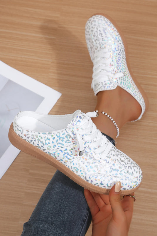 DLLSHOE 87 - White Shiny Leopard Print Lace Up Slip On Shoes