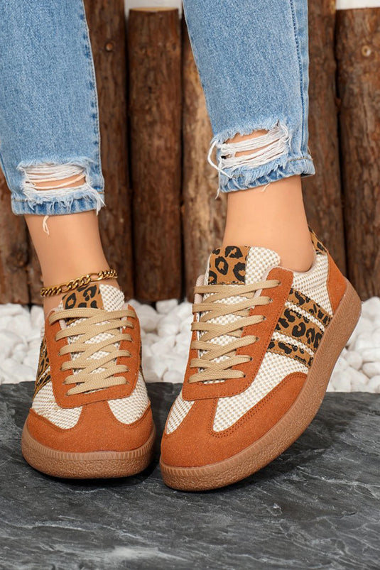 DLLSHOE 1 - Buckskin Checkered Leopard Color Block Patchwork Lace Up Sneakers