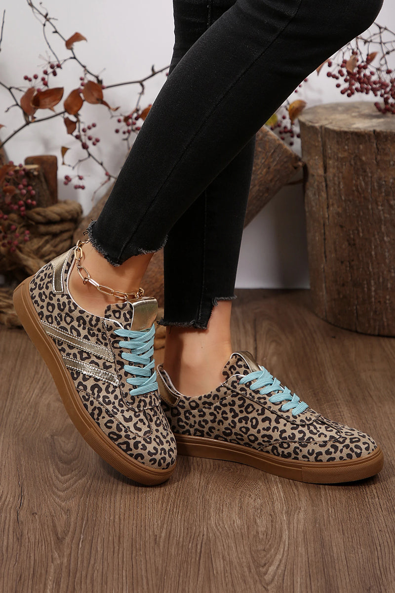 Load image into Gallery viewer, DLLSHOE 17 - Coffee Faux Suede Leopard Print Sleek PU Leather Detail Lace Up Sneakers
