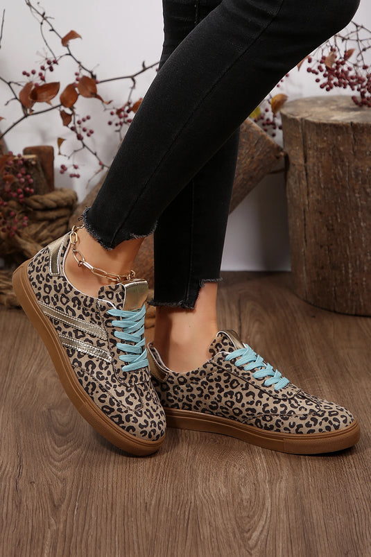 DLLSHOE 17 - Coffee Faux Suede Leopard Print Sleek PU Leather Detail Lace Up Sneakers