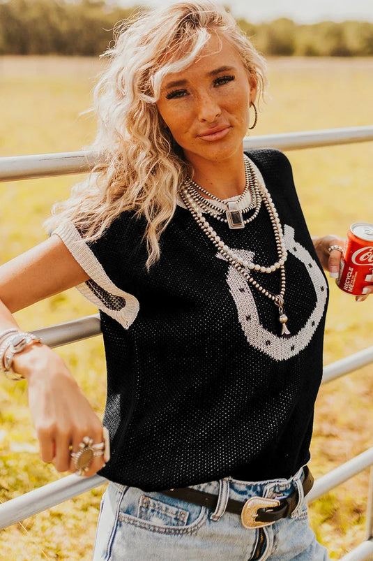 DLLS255 - Ladies Black Horse Shoe Pattern Contrast Trim Short Sleeve Sweater