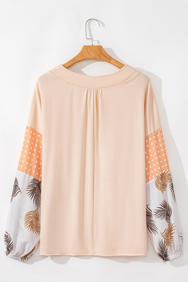Load image into Gallery viewer, DLLS321 - Ladies Jet Stream Palm Leaves Polka Dot Puff Sleeve Patchwork V Neck Loose Blouse

