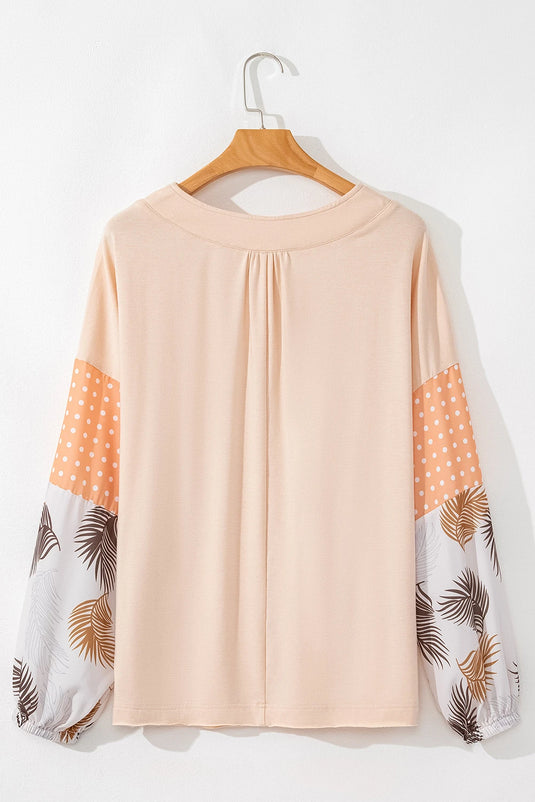 DLLS321 - Ladies Jet Stream Palm Leaves Polka Dot Puff Sleeve Patchwork V Neck Loose Blouse