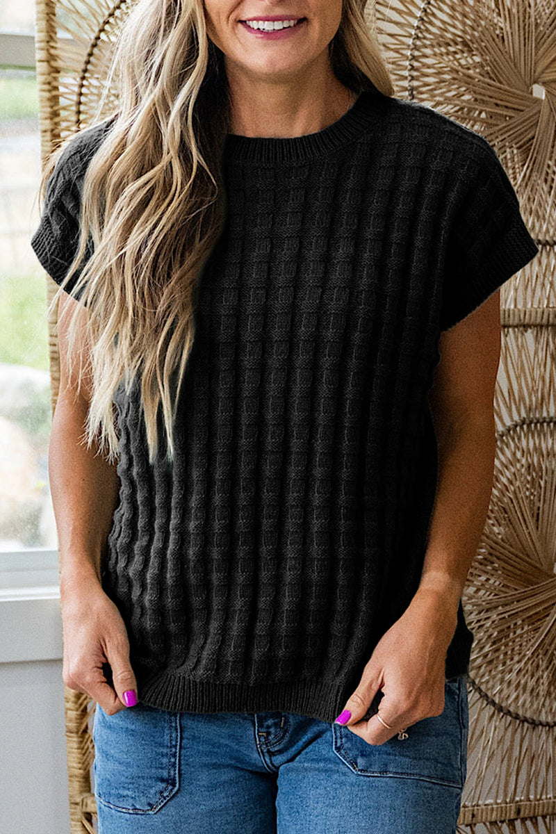 Load image into Gallery viewer, DLLS487 - Ladies Black Solid Color Round Neck Textured Short Sleeve Sweater
