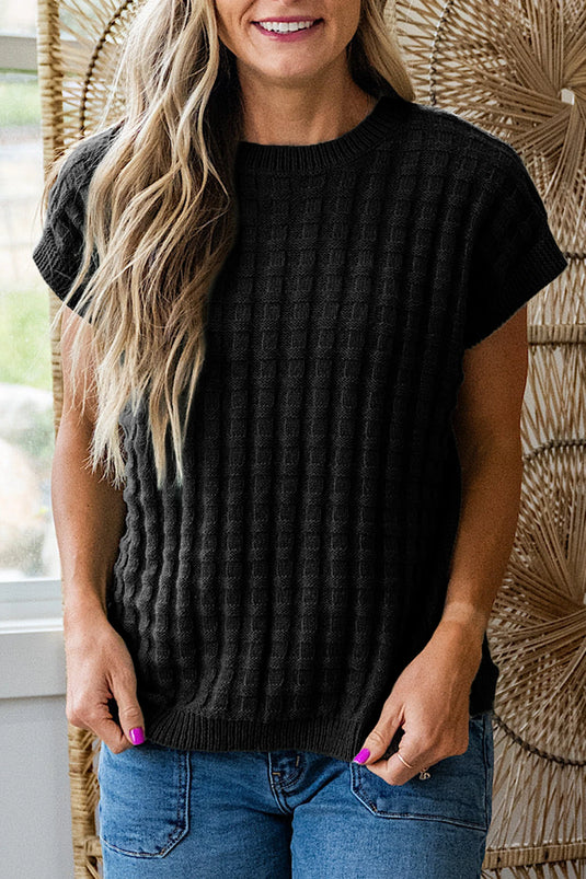 DLLS487 - Ladies Black Solid Color Round Neck Textured Short Sleeve Sweater