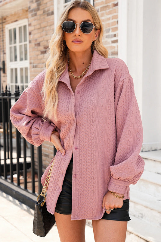 DLLS263 - Ladies Sepia Rose Cable Texture Puff Sleeve Loose Shacket