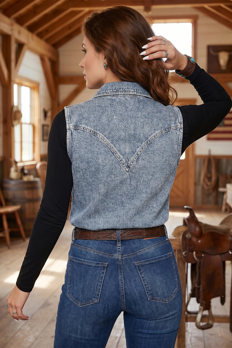 Load image into Gallery viewer, DLLS787 - Ladies Ashleigh Blue Solid Denim Button Front Pocket Sleeveless Cowboy Vest
