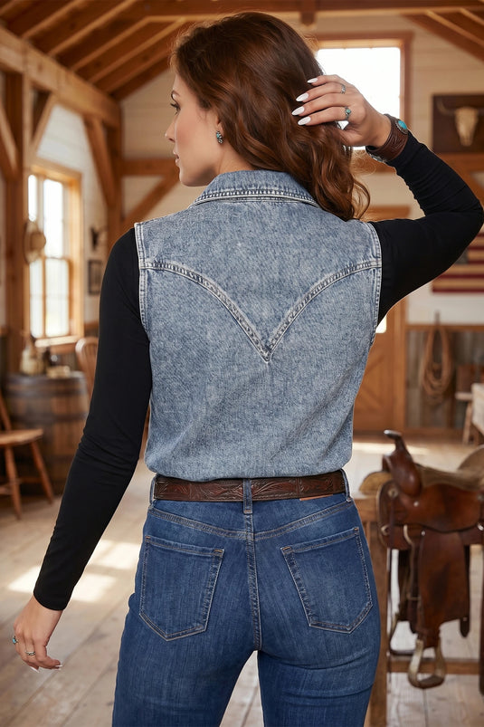 DLLS787 - Ladies Ashleigh Blue Solid Denim Button Front Pocket Sleeveless Cowboy Vest