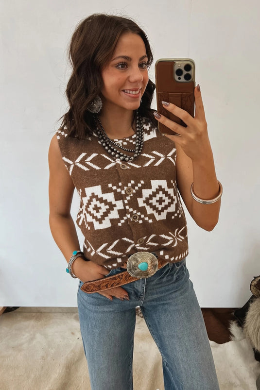 DLLS588 - Ladies Brown Southwestern Aztec Button Square Neck Sweater Vest