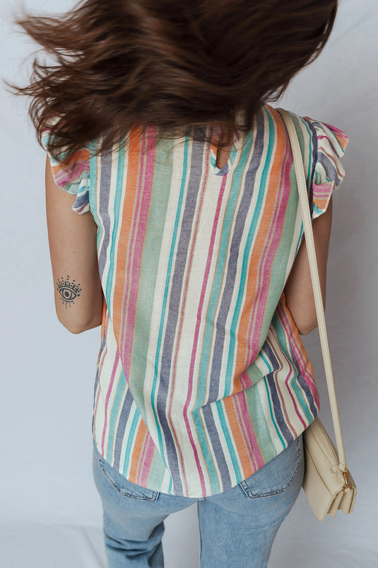 DLLS380- Ladies Light Blue Lace Hollow-out Insert Flutter Sleeve Striped Blouse