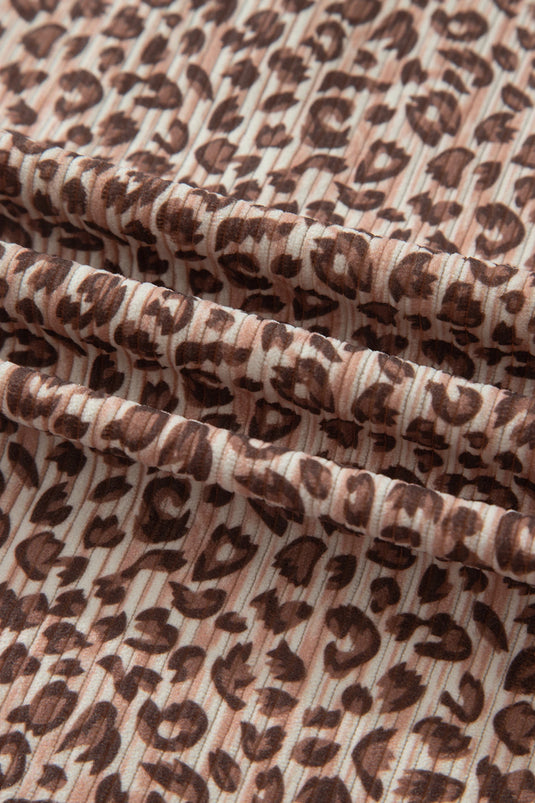 DLLS703 - Ladies Brown Leopard Print Ribbed Patchwork Half Button Loose Tee Elastic Waist Short 2pcs Set
