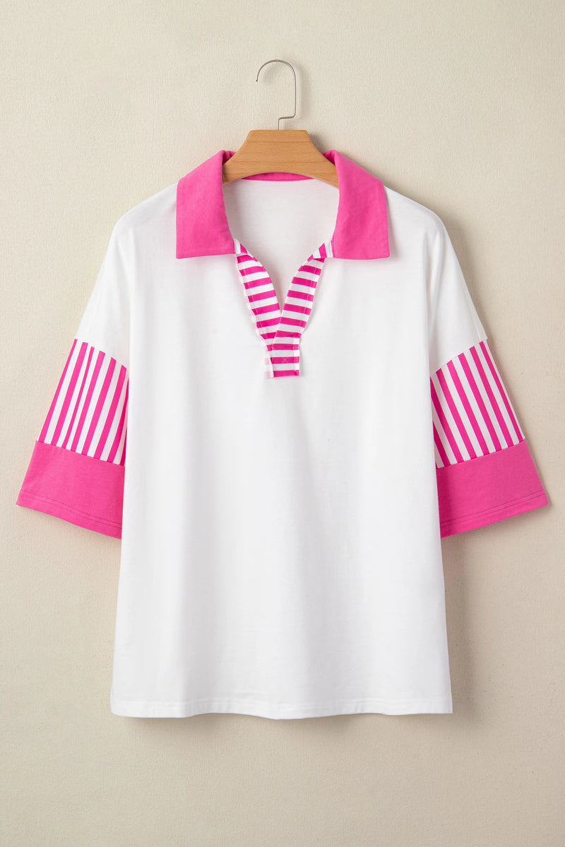 Load image into Gallery viewer, DLLS475 - Ladies White Striped Color Block Patchwork Half Sleeve T Shirt
