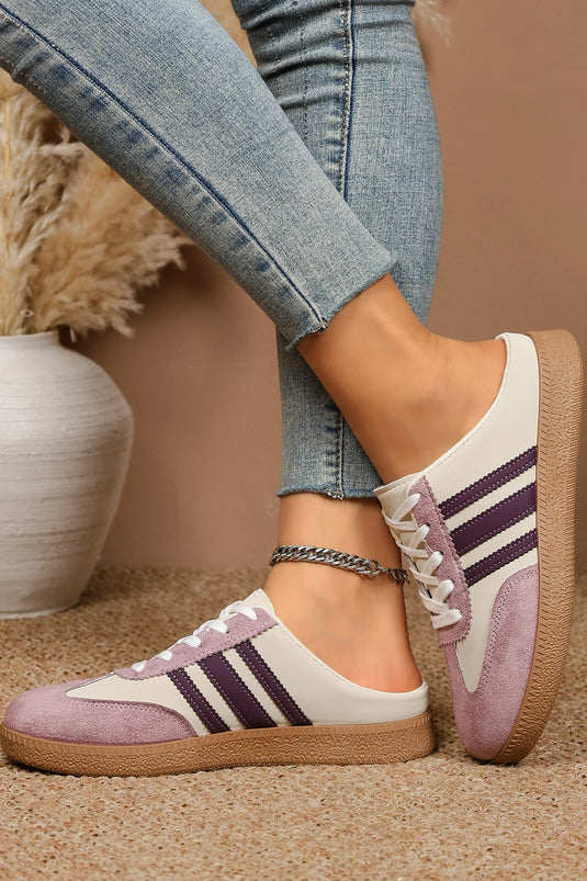 DLLSHOE 151 - Tillandsia Purple PU Leather Color Block Varsity Lace Up Flat Shoes