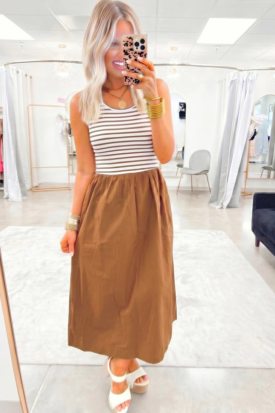 DLLS733 - Ladies Chestnut Striped Colorblock Patchwork Sleeveless Casual Long Dress