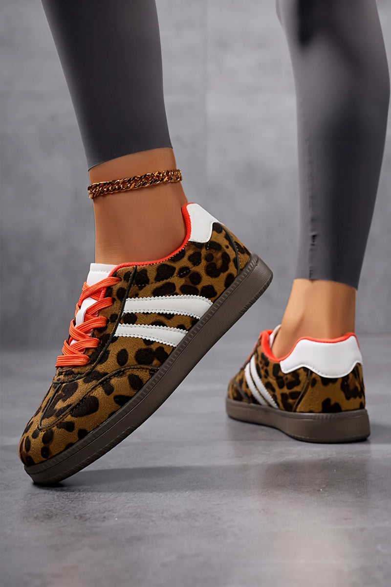 Load image into Gallery viewer, DLLSHOE 50 - Coffee Leopard Faux Suede Color Block Detail Lace-Up Sneakers
