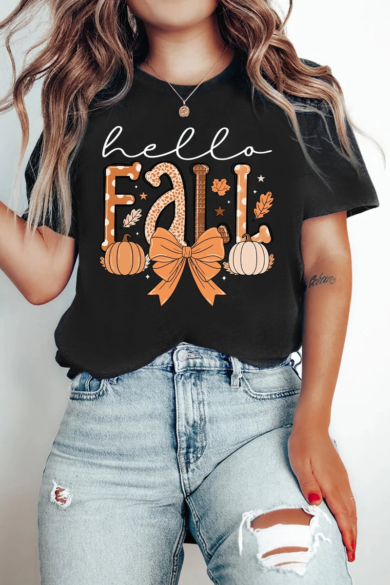 Load image into Gallery viewer, DLLS991 - Ladies Black Hello Fall Thanksgiving Bow Pumpkin Graphic Tee
