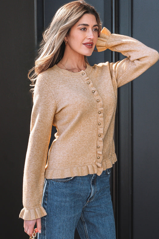 DLLS403 - Ladies Oatmeal Ruffle Trim Gold Button Sweater Cardigan