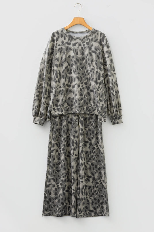 DLLS1018 - Ladies Gray Leopard Print Seam Patchwork Pullover Drawstring Loose Pant Set