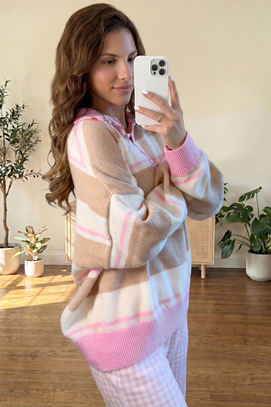 DLLS852 - Ladies Khaki Stripe Striped Drop Shoulder Button Placket Long Sleeve Sweater