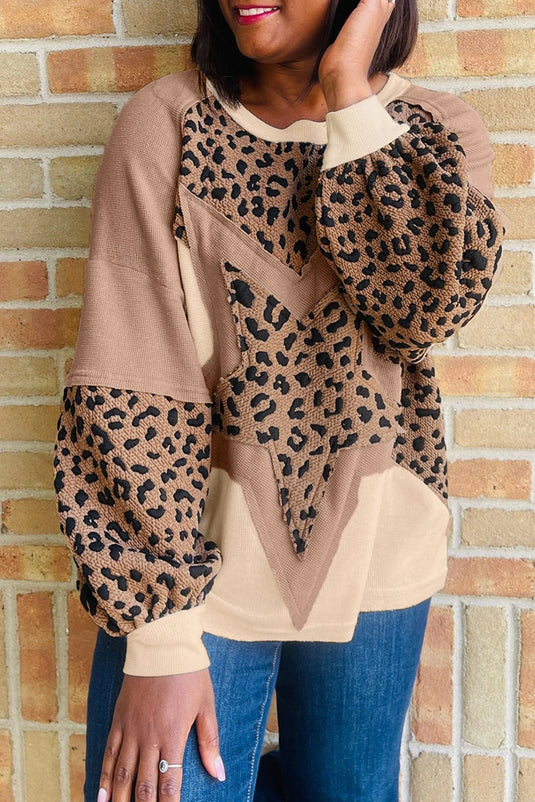 DLLS1013 - Ladies Light French Beige Leopard Star Color Block Textured Baggy Sweatshirt