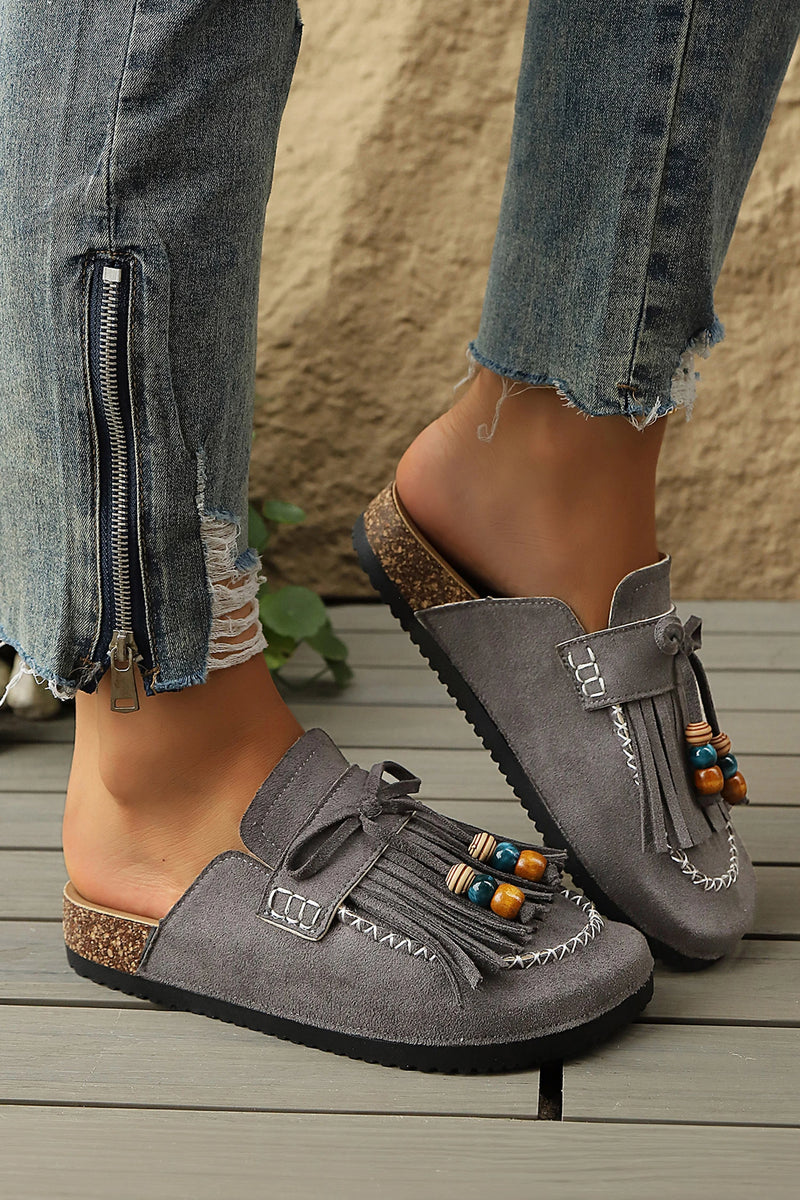 Load image into Gallery viewer, DLLSHOE 172 - Grey Boho Fringed Suede Slip-on Loafers Square Toe Casual Slippers
