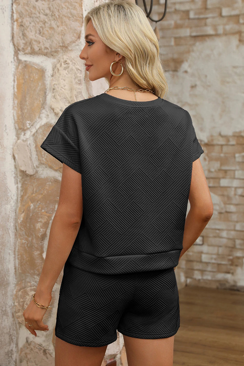 Load image into Gallery viewer, DLLS490 - Ladies Black Textured Short Sleeve Top and Shorts Set
