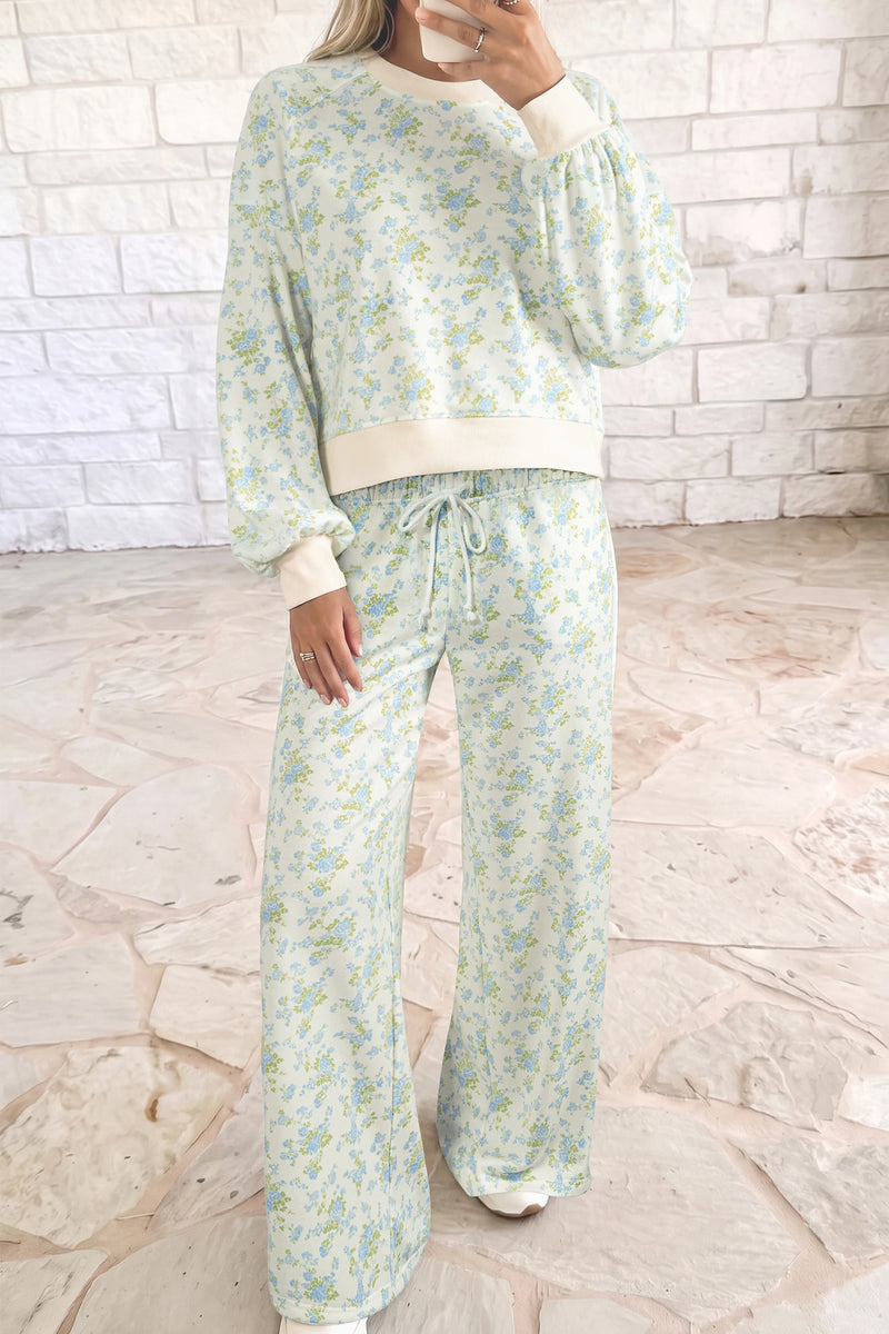 Load image into Gallery viewer, DLLS1027 - Ladies Sky Blue Floral Print Long Sleeve Top Drawstring Wide Leg Pants Set
