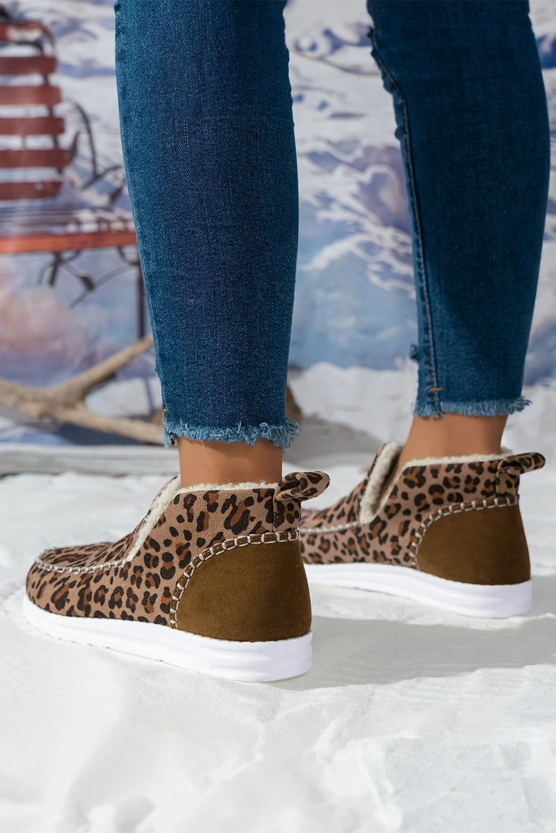Load image into Gallery viewer, DLLSHOE 124 - Brown Leopard Print Ankle Patched Flat Winter Fur Boots
