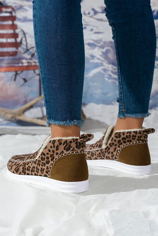 DLLSHOE 124 - Brown Leopard Print Ankle Patched Flat Winter Fur Boots
