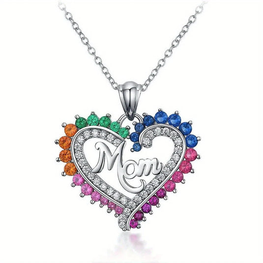 TMNK9 - Heart Shaped Multi-Colored Rhinestone Mom Necklace