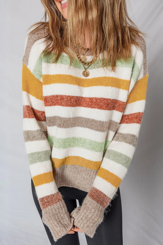 DLLS291 - Ladies Multicolour Stripe Drop Shoulder Crew Neck Sweater