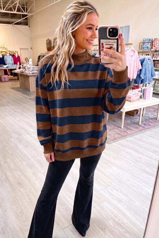 DLLS1012 - Ladies Brown Stripe Colorblock Mock Neck Relaxed Sweatshirt