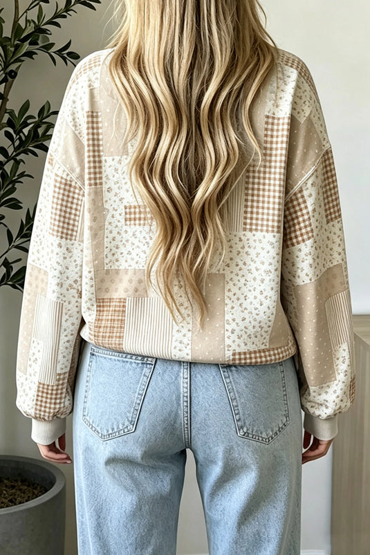 DLLS952 - Ladies Khaki Patchwork Floral Print Mock Neck Long Sleeve Sweatshirt