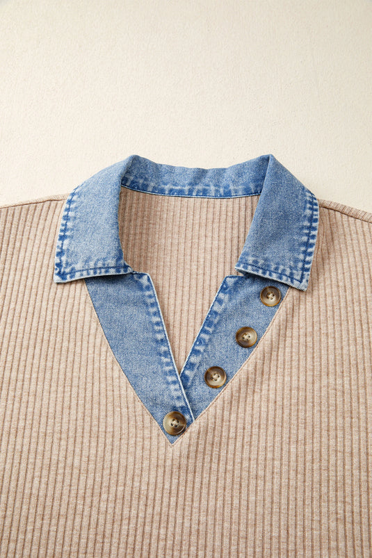 DLLS742 - Ladies Beige Ribbed Knit Denim Color Patchwork Button Detail Collared Blouse