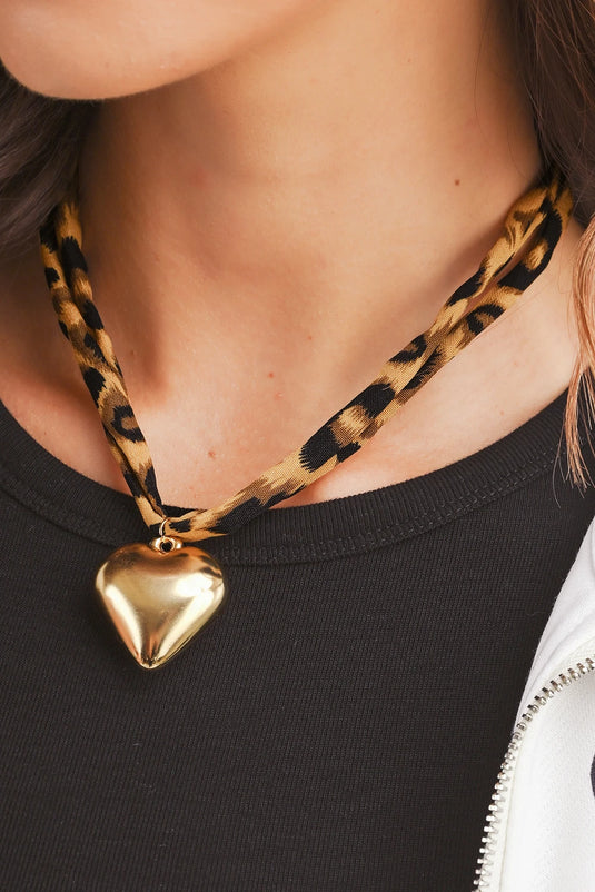 DLLNK 12 - Gold Puffy Heart Charm Leopard Scarf Necklace
