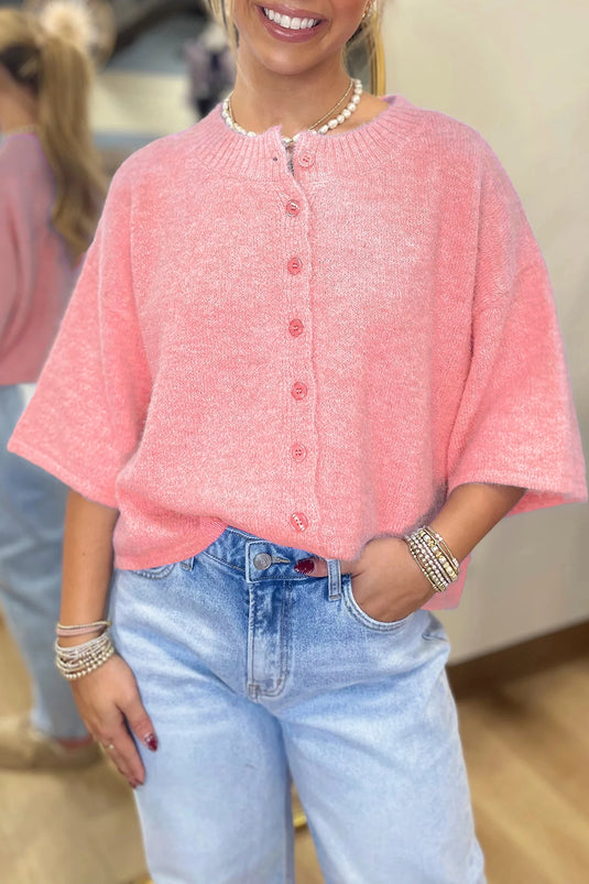 DLLS437 - Ladies Peach Blossom 3/4 Sleeve Boxy Knit Button Down Sweater Cardigan