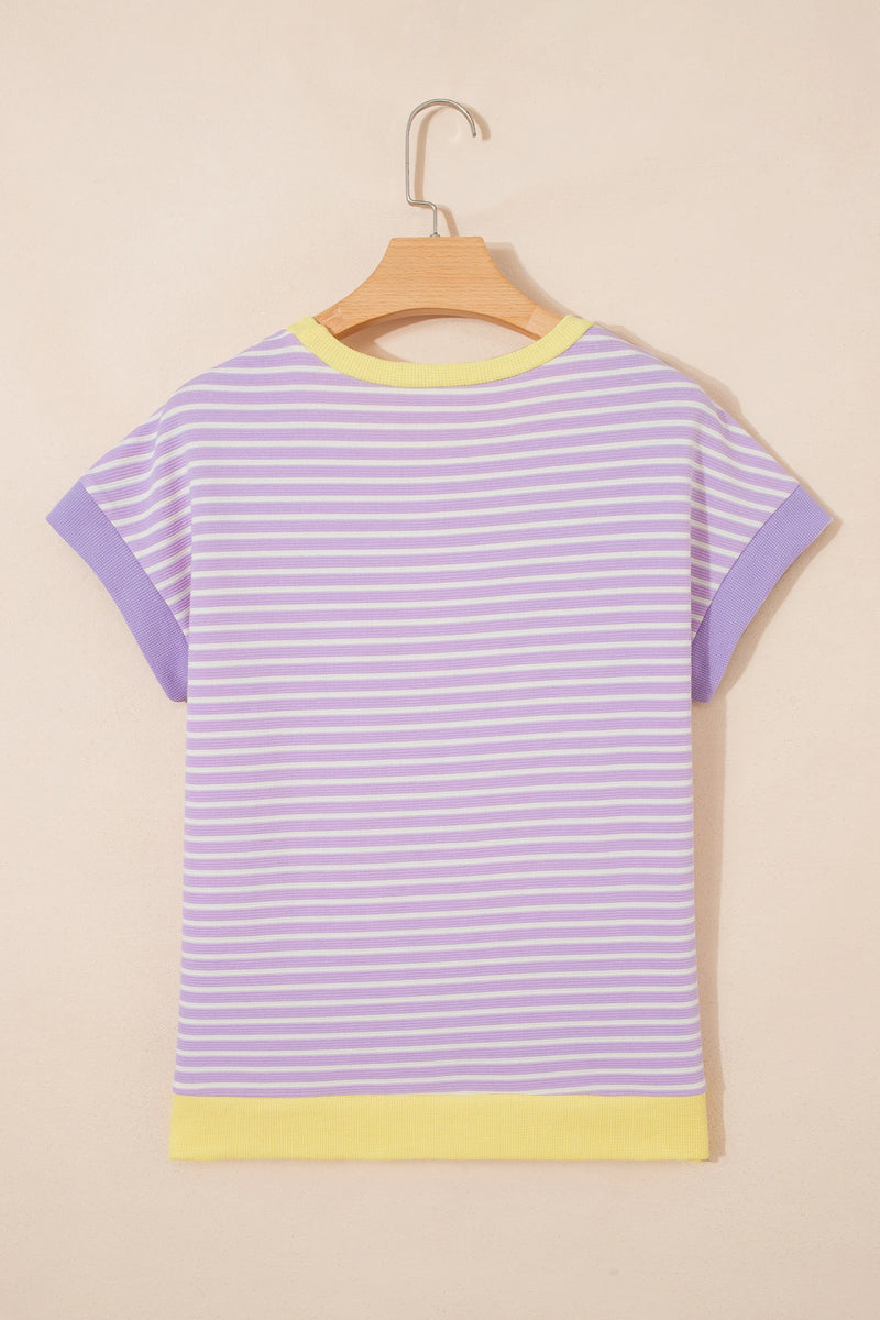 Load image into Gallery viewer, DLLS699 - Ladies Purple Striped Colorblock Paneling Collar Cuff Hem Texture T-Shirt
