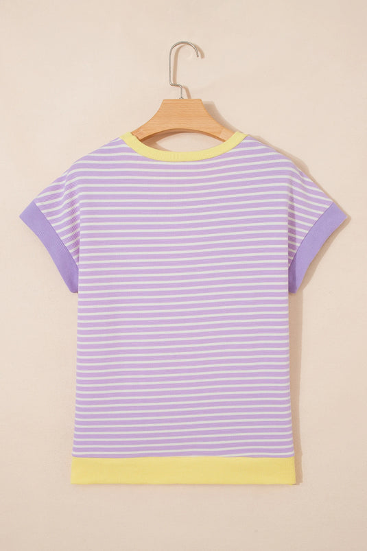 DLLS699 - Ladies Purple Striped Colorblock Paneling Collar Cuff Hem Texture T-Shirt