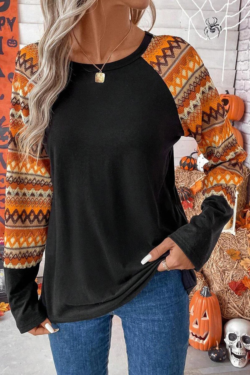 Load image into Gallery viewer, DLLS744 - Ladies Orange Geo Print Raglan Patchwork Long Sleeve Tee
