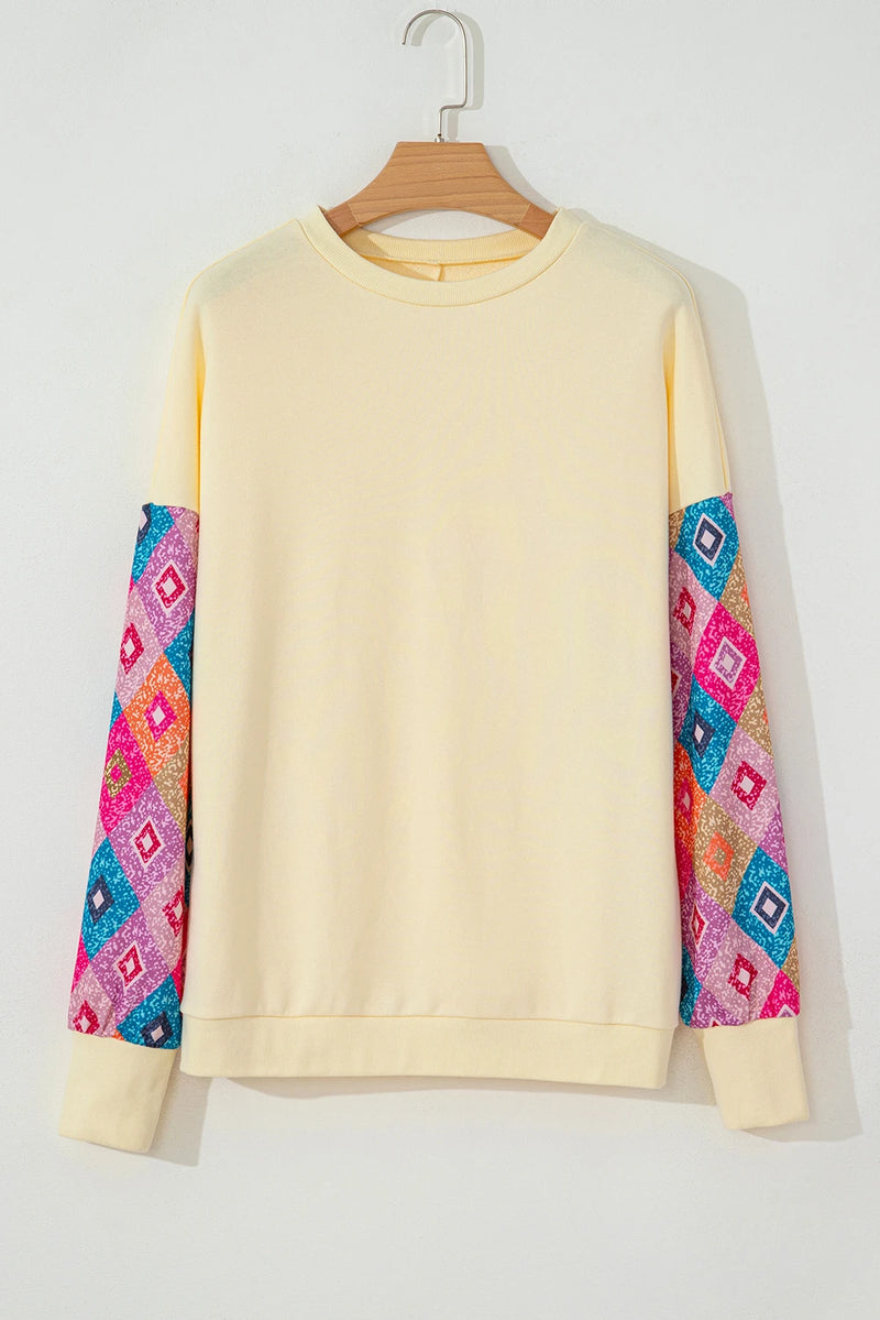 Load image into Gallery viewer, DLLS144 - Ladies Apricot Geometric Printed Patchwork Long Sleeve Round Neck Top
