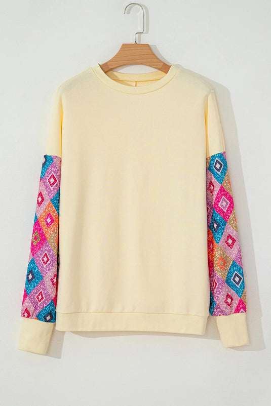 DLLS144 - Ladies Apricot Geometric Printed Patchwork Long Sleeve Round Neck Top
