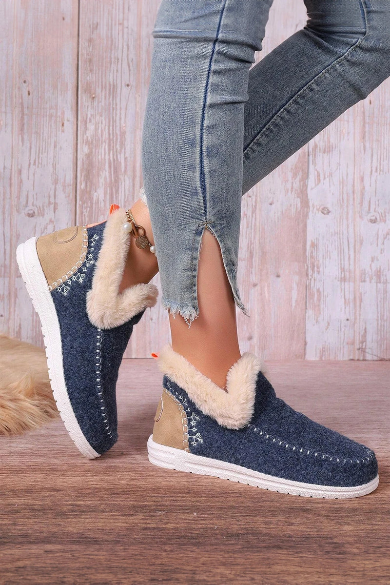 Load image into Gallery viewer, DLLSHOE 123 - Blue Suede Stitching Patchwork Plush Lined Anklet Boots
