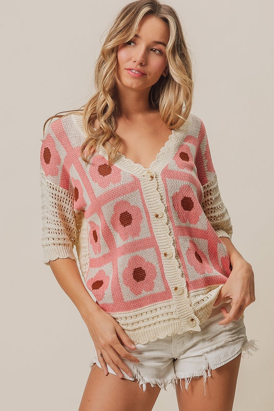 BIBI14- Ladies Flower Printed Crochet Buttoned Cardigan